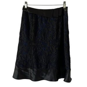 Black Lace A-Line Knee-Length Skirt Blue Lined Satin Work Date Night